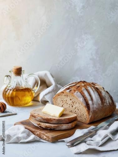 freshly baked sourdough bread on a wooden board, sliced with butter and honey on the side, Generative AI	
