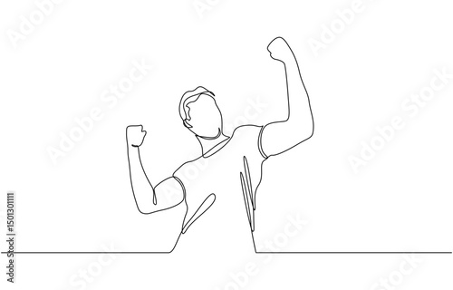 Continuous line drawing of cheering man holding fists, One line drawing of cheering businessman holding fists. One line art concept of business success. Vector illustration.