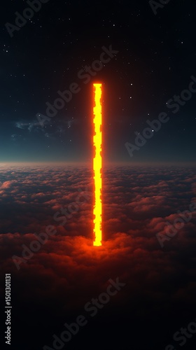 A luminous pillar piercing through the sky above fluffy clouds