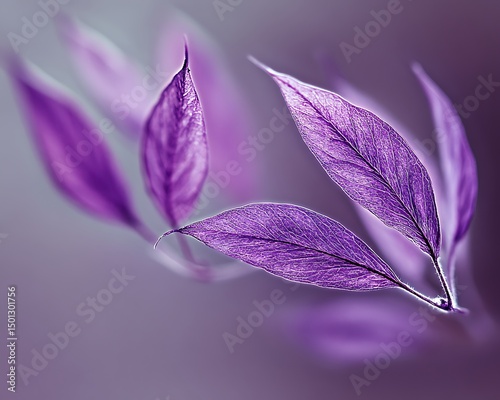 Several vibrant purple leaves are gracefully arranged with artistic lighting