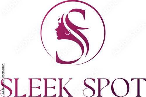  Sophisticated and modern logo design for "Sleek Spot," a beauty and salon brand. The logo features an artistic "S" combined with a stylish female silhouette,