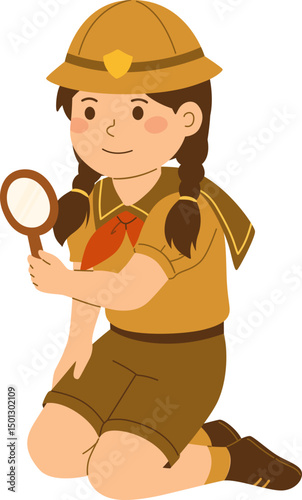 Scout Girl Examining with Magnifying Glass