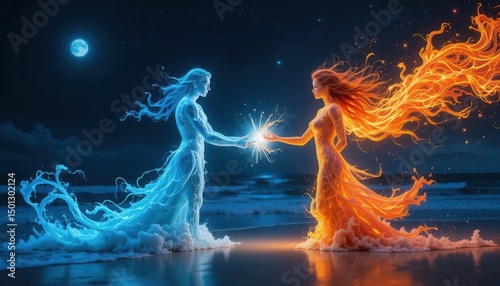 Ethereal Connection: Glowing Ice Man and Fire Woman by the Sea