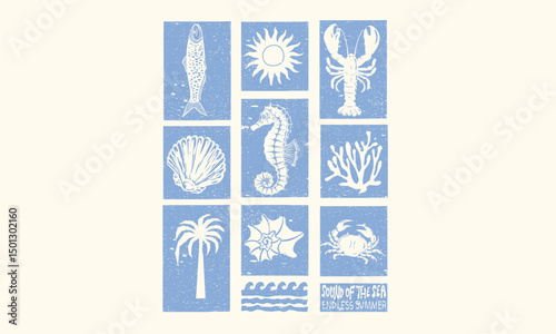Seashell line drawing.	Crab and lobster design. Sound of the sea. Seashell vintage artwork. Summer vibes artwork. 