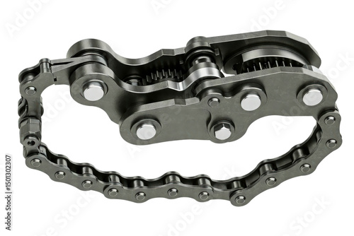 Segment of a robust metal roller chain for machinery isolated on a transparent background
