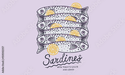 Sardines fish artwork for t shirt print, poster, sticker and other uses. Canned fish artwork.  Lemon with fish.