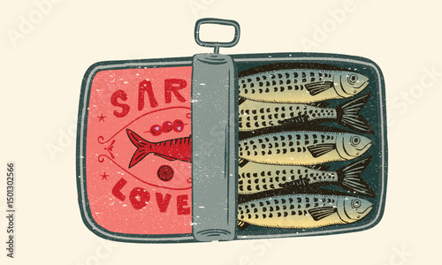Canned fish artwork. Sardines fish artwork for t shirt print, poster, sticker and other uses. Seafood t shirt design. Sardines love club. olive, lemon and tomato artwork.