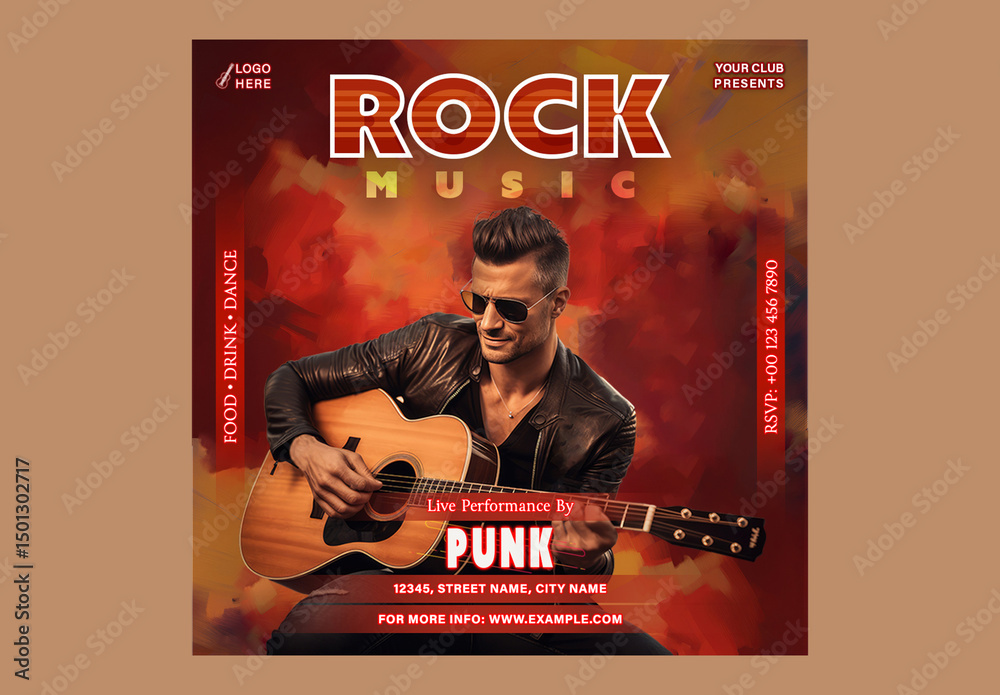 Live Music Posts Social Media Post of Live Rock Music Performance by Male Guitarist and ...