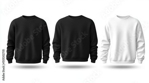 Mockup of three blank crewneck sweatshirts, displayed in black and white color variations, ideal for apparel design