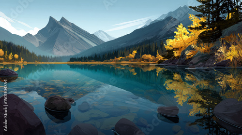 Autumn mountain landscape illustration with lake cartoon vector illustration. Beautiful and wild fall nature scenery environment for expedition trip in Canada. Sunny concept with calm pond water.