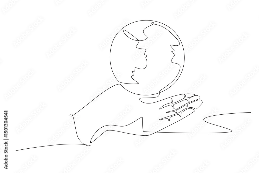 Fototapeta premium Hands holding the earth. World environment day concept one-line drawing