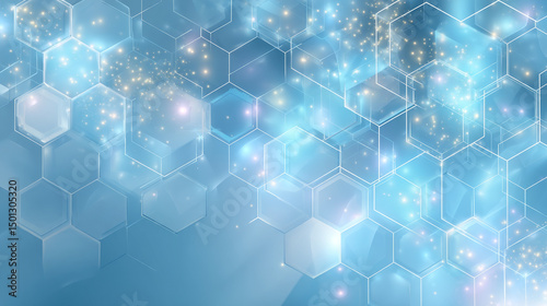 Blue pastel medical and tech background with hexagon pattern and bright sparkles. Realistic vector abstract bg with honeycomb geometric cell texture for medicine and science technology design.