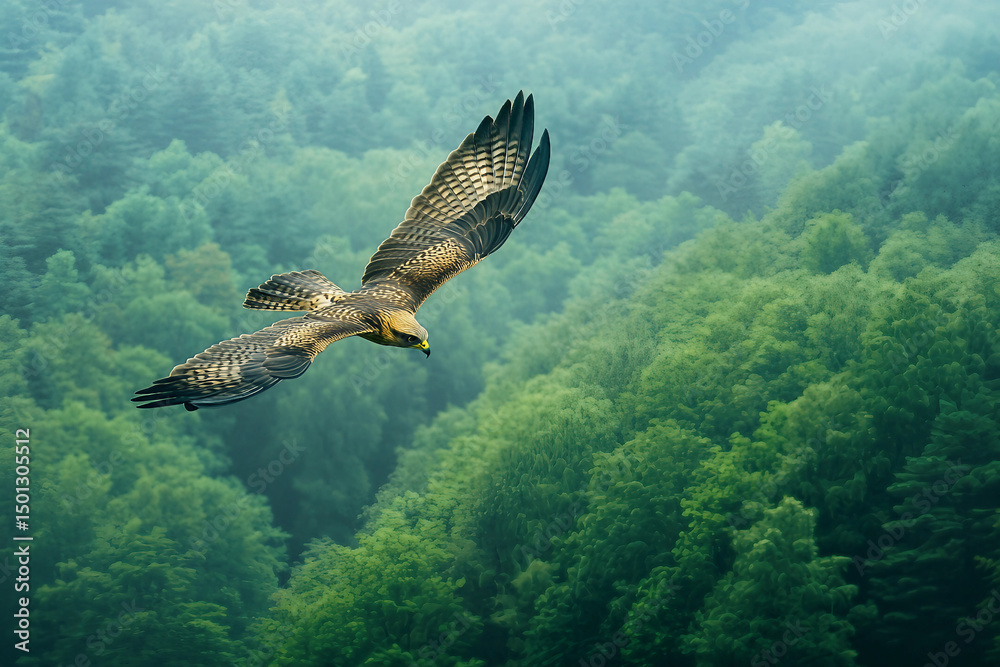 Fototapeta premium Generative AI image of majestic golden eagle with wings fully spread standing on tree branch in summer forest wildlife scene