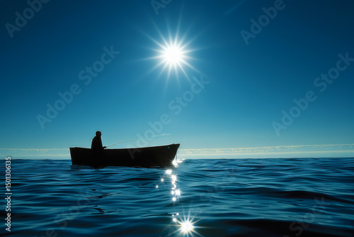Fisherman fishing on boat in beautiful sunny weather on calm sea with clear blue skies, copy space