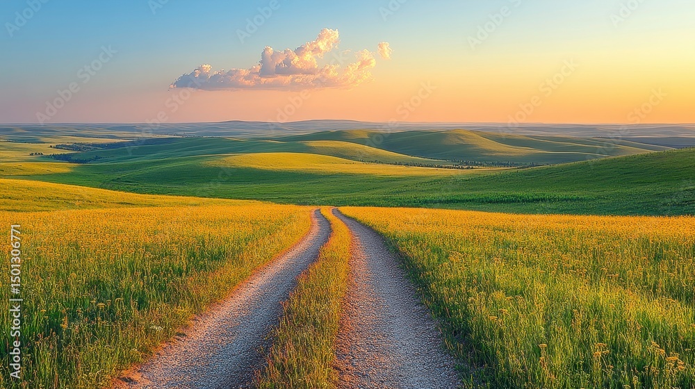 Obraz premium A dirt road stretches across rolling hills under a vibrant sky at sunset