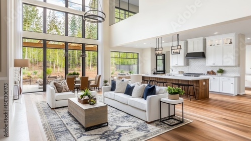 Modern Farmhouse Interior, Living Area with Kitchen View, Open Concept