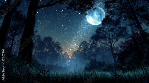 Cartoon night landscape with meadow and forest at midnight under fool moon light. Vector illustration of dark natural scenery with trees and pines, grass on field and starry sky with clouds.