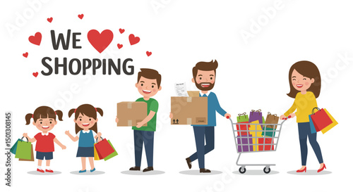 Cheerful Family Enjoying Shopping Carrying Boxes and Filled Shopping Cart