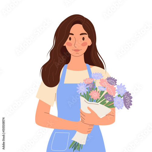 Cheerful cute young florist woman in an apron displays a fresh, vibrant flower bouquet. Professional floral arrangement for celebration or gift. Bright vector illustration. Isolated background
