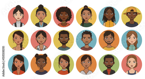 Diverse Portrait Collection of Illustrated People in Circular Frames