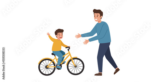 Father Guiding Son on a Yellow Bicycle Happy Learning Moment