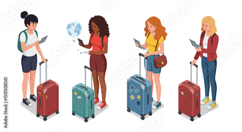 Four Diverse Women Travelers with Luggage and Devices