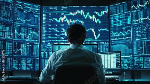 Navigating the Financial Labyrinth: A lone analyst engrossed in the intricate dance of market fluctuations, his gaze fixed on the dynamic charts displayed across multiple screens.