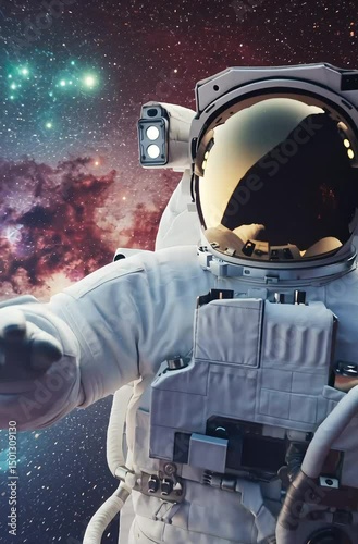 Exploration of outer space by an astronaut in a stunning cosmic setting with vibrant colors and distant galaxies