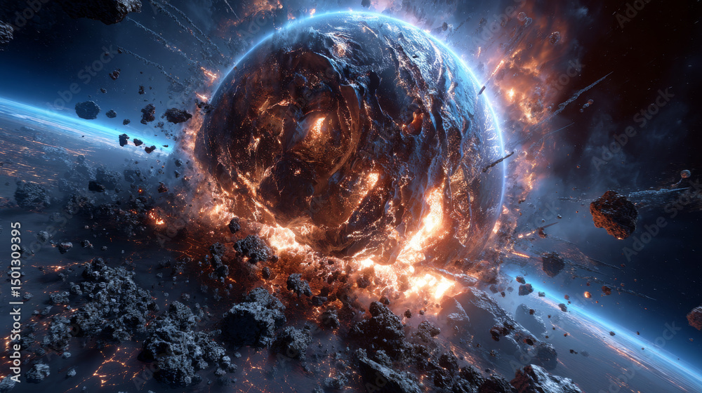 Fototapeta premium Planet explosion, asteroid or meteorite burst with fire, smoke and flying stones in outer space. Vector cartoon fantastic illustration of galaxy with stars and blue sphere blast