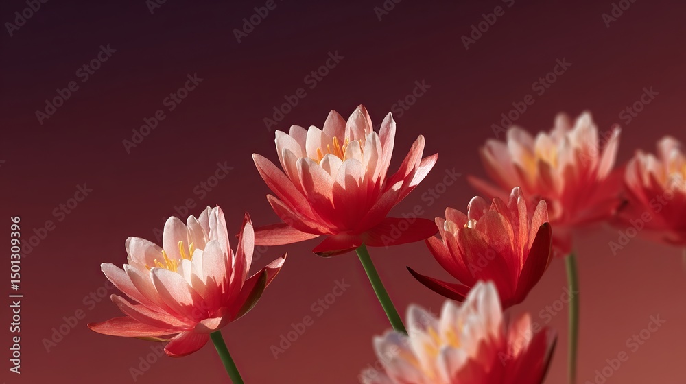 Obraz premium Vibrant red and white flowers stand out against a soft gradient background. These beautiful blooms bring warmth and joy. Perfect for nature lovers and art enthusiasts. AI