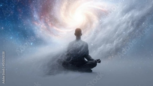 Inner Cosmos: A silhouetted figure meditates peacefully, embraced by a surreal galaxy that reflects introspection, inner peace, and spiritual enlightenment. The scene sparks deep reflection.