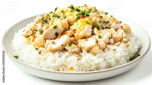 A delicious plate of chicken rice garnished with herbs, showcasing a perfect blend of flavors and textures. Ideal for food enthusiasts and culinary presentations.
