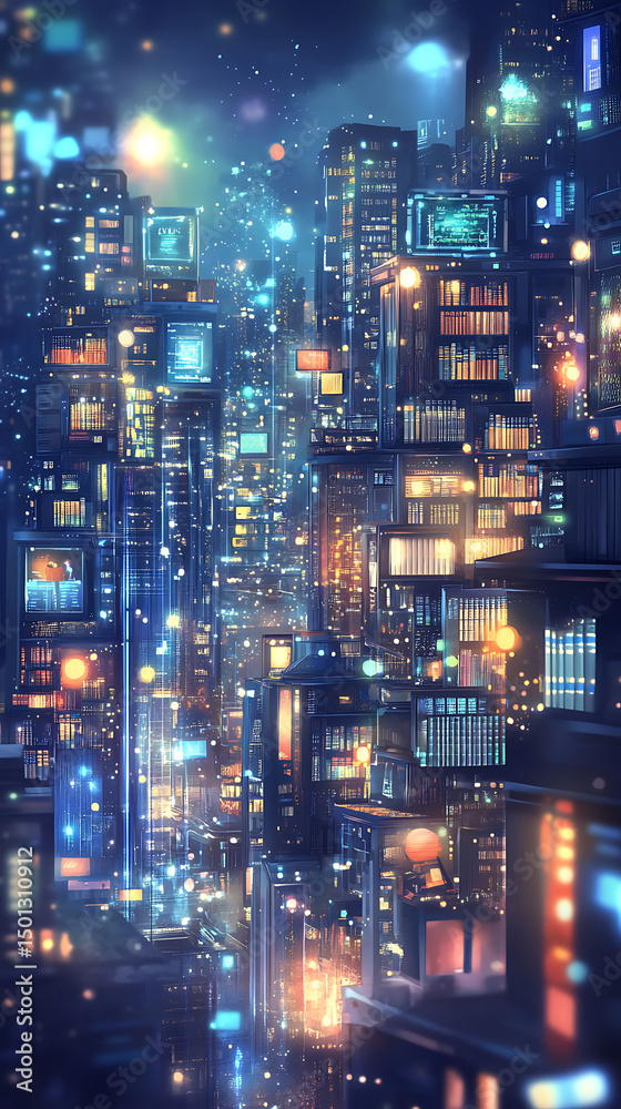 Fototapeta premium Vibrant cityscape at night with glowing lights and towering buildings, bustling urban life below