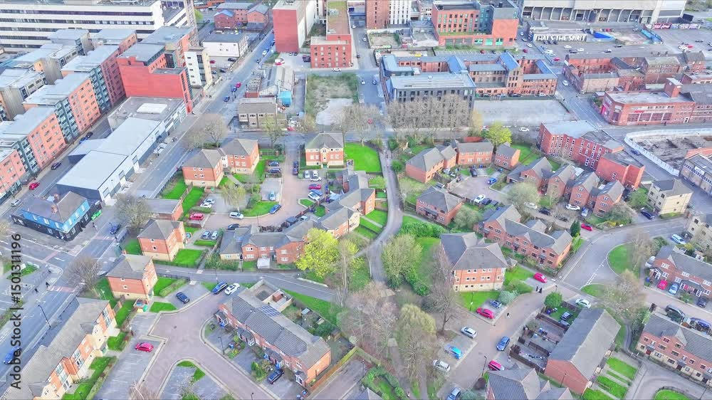 Aerial establishing fly city streets, urban greenery in organized town of Devonshire Green Area Sheffield, England Aerial establishing fly city streets, urban greenery in organized town of Devonshire Green Area Sheffield, England