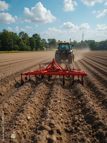 a trailed harrow stands in a field. harrowing the soil. harrow trailer for tractor