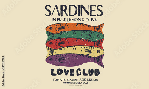 Fish digital painting. Seafood t shirt design. Sardines love club. Canned fish artwork. Sardines fish with olive and lemon artwork for t shirt print, poster, sticker and other uses.