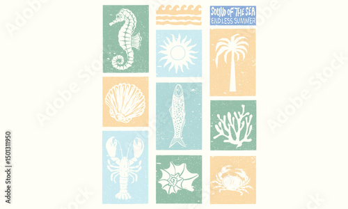 Seashell line drawing. Summer vibes artwork. Crab and lobster design. Sound of the sea. Seashell vintage artwork. 