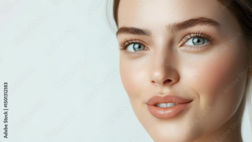 A close up shot highlights a young woman smiling with a clear complexion and bright blue eyes in a neutral indoor setting