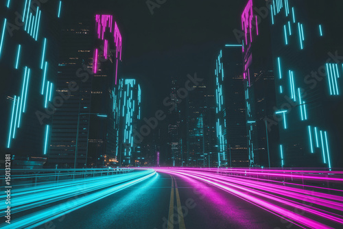 Futuristic neon-lit cityscape at night with pink and cyan light trails and towering skyscrapers


