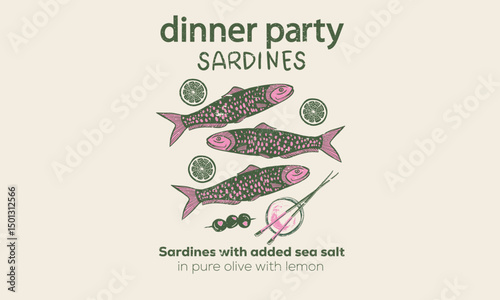 Cook fish for dinner. Seafood t shirt design. Canned fish artwork. Sardines fish artwork for t shirt print, poster, sticker and other uses. Fish digital painting.