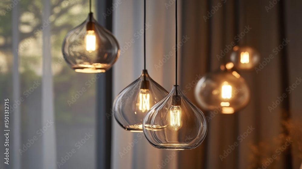 Fototapeta premium Modern pendant lights hanging in a room with a blurred window background. Possible use Home decor or interior design