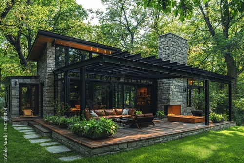 Modern stone house with a covered patio and lush greenery. photo