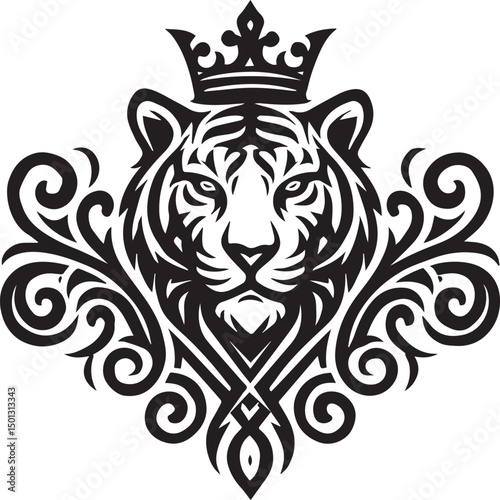 Vintage black silhouette tiger head tattoo vector with floral swirl ornament seamless pattern illustration