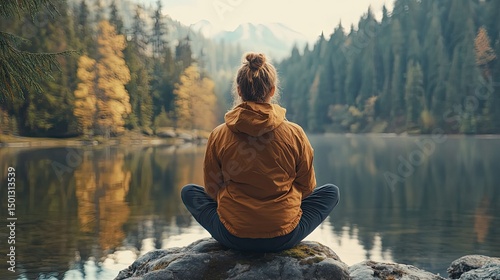 A woman in a jacket sitting on a rock by a lake surrounded by trees and mountains in the distance