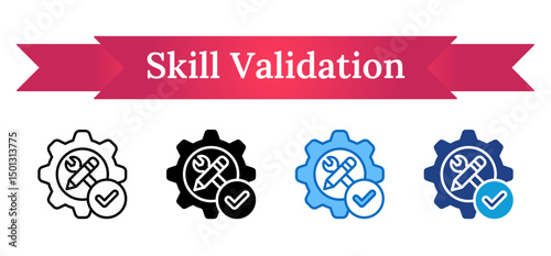 Skill Validation - Multi Style Outline, Glyph Silhouette, Blue, Dual Tone Icon - Gear, tools, and checkmark symbolizing validated professional or technical capabilities