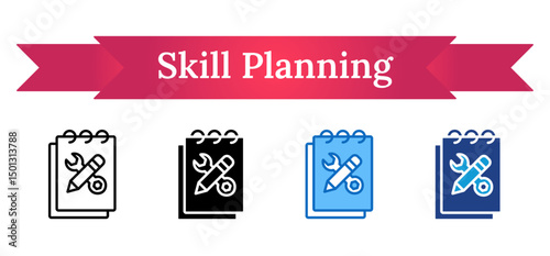 Skill Planning - Multi Style Outline, Glyph Silhouette, Blue, Dual Tone Icon - A notepad with tools and pencil, representing structured planning for skill development and training