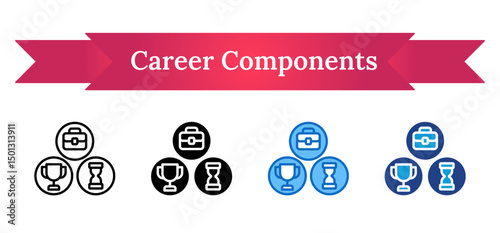 Career Components - Multi Style Outline, Glyph Silhouette, Blue, Dual Tone Icon - Four career elements: briefcase, trophy, hourglass, and person, representing key job success factors