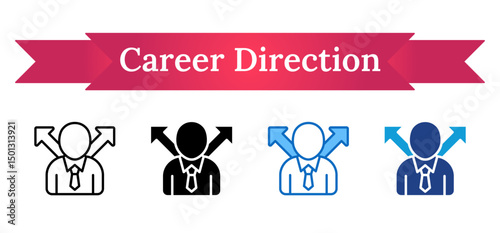 Career Direction - Multi Style Outline, Glyph Silhouette, Blue, Dual Tone Icon - A person with arrows pointing left and right, symbolizing career decision-making and choosing a path