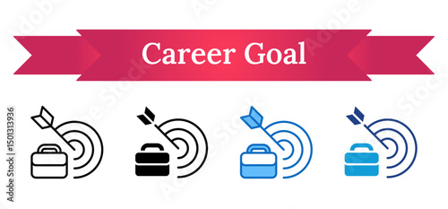 Career Goal - Multi Style Outline, Glyph Silhouette, Blue, Dual Tone Icon - Briefcase and dart hitting target, representing job objectives, career focus, and goal achievement