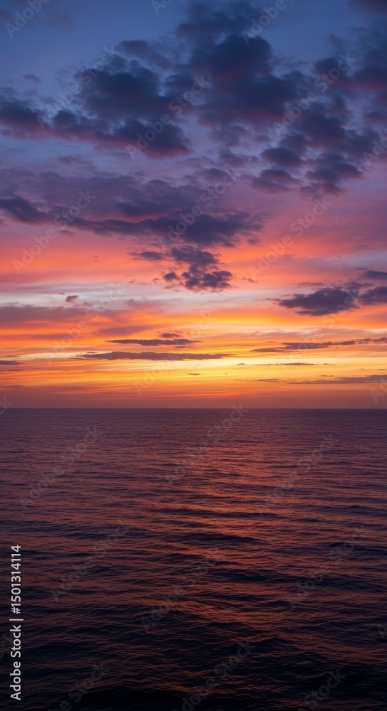 Fototapeta premium Photo Of A Vibrant Sunset Over The Ocean Displaying Dramatic Clouds And Color